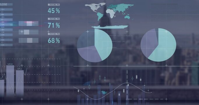 Displaying data dashboard on glass office window, showing pie charts, map, 45% 71% 68% metrics