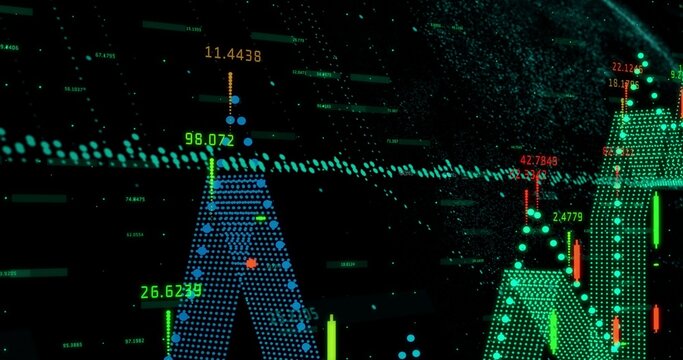 Displaying 3D financial chart on black backdrop, showing point-cloud peaks and candlestick bars