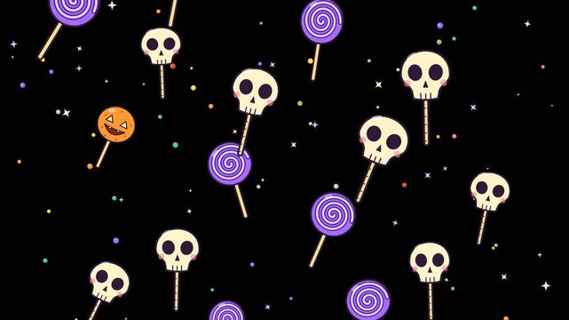 Skull lollipops and purple swirl lollipops swinging as they fall in a diagonal parade with sparkling stars, Halloween flat vector animation on transparent background