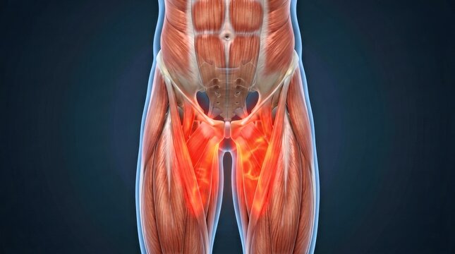 Human Lower Torso Anatomy With Inner Thigh and Groin Muscles Highlighted Red, 3D Medical Illustration