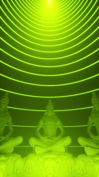Meditating Statues under Yellow Green Neon Arcs Vertical
