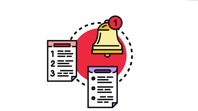 Digital bell icon highlighting new task notifications, organizing important information on numbered checklists and bullet point note documents for efficient planning