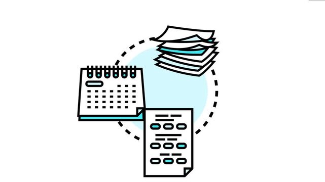 Conceptual illustration depicting a business process involving a calendar for scheduling, a checklist for tasks, and a stack of papers for document management
