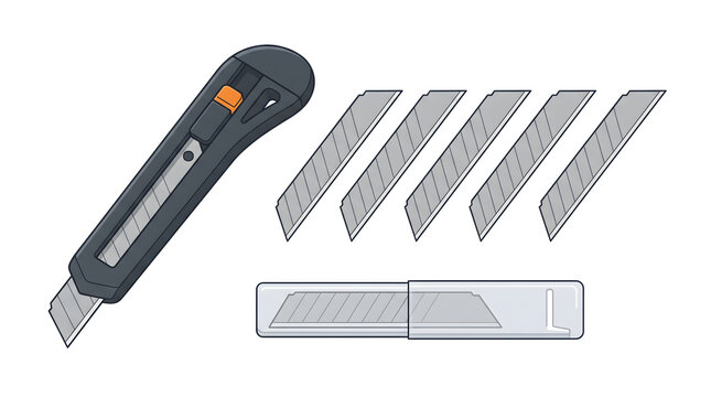 Professional utility knife vector illustration with spare metal blades and protective plastic case container