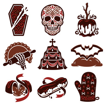 Spooky Halloween kitchen and confectionery icon set including decorative calavera skull gothic funeral cake eclair and skull pattern oven mitt for holiday baking and culinary projects