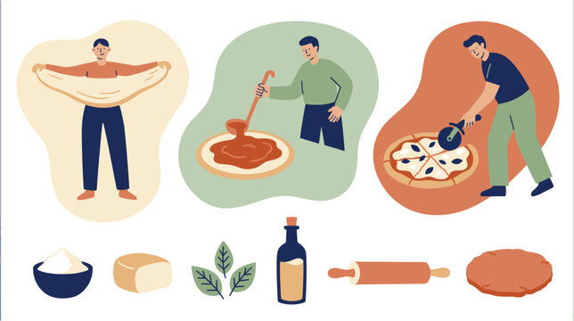 Three pizza making scenes: pizzaiolo stretching pizza dough