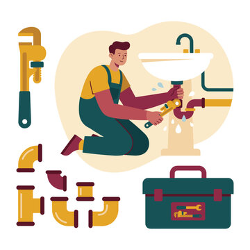 Plumber: plumber in overalls kneels under a sink and tightens a pipe