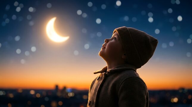 Young child gazing at a glowing crescent moon in a starlit night sky with childhood dreaming starlight contemplation twilight