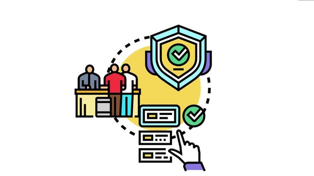 People checking in at a reception counter using an online platform, generating secured badges for event access and identification