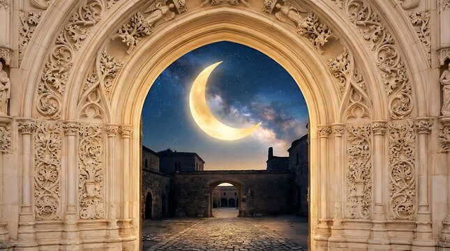 Glowing crescent moon shining through an ornate ancient stone archway at night with architecture astronomy dramatic historic