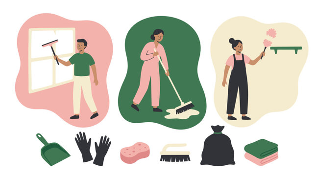 Three spring cleaning scenes: cleaner wiping window and sweeping floor