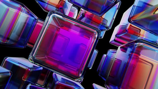 Colorful array of transparent glass cubes rotating and reflecting iridescent light on a dark background. Seamless loop