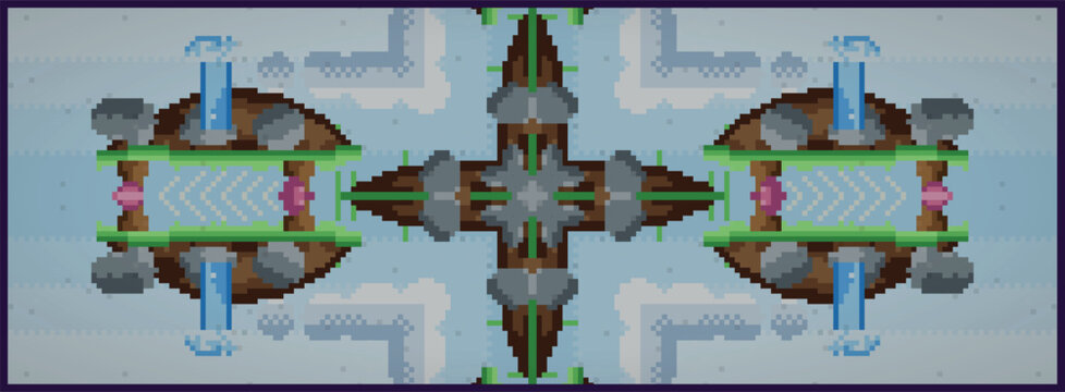Pixel art game landscape pattern, retro 8-bit platformer background tile, symmetrical fantasy island level design