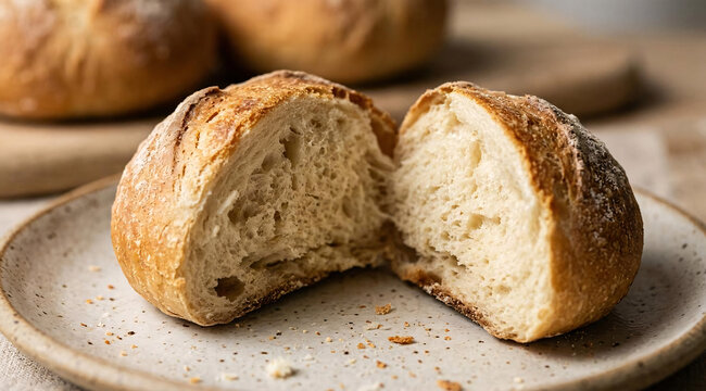 Closeup of Freshly Baked Sweet Bread Roll Cut in Half Revealing Rich Cinnamon Swirl Filling on Ceramic Plate