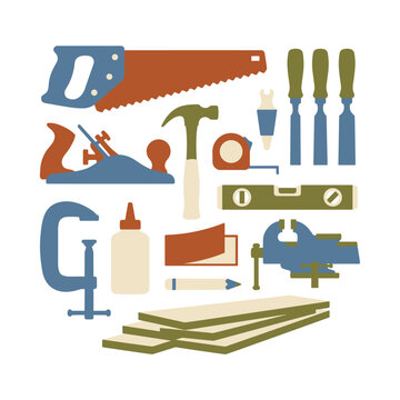 Woodworking icon set with hand saw and claw hammer