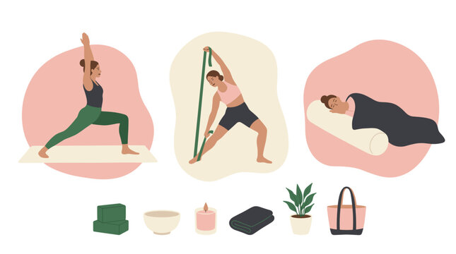 Yoga activity scenes: yogi warrior pose and stretching yoga strap