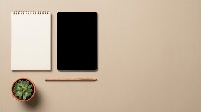 Minimalist Desk Flat Lay with Tablet Calendar and Copy Space