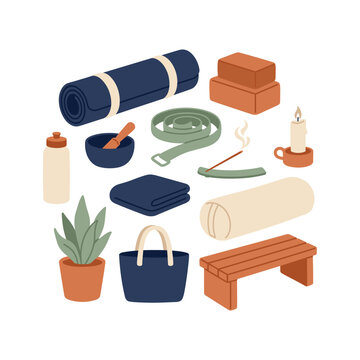 Yoga icon set with yoga mat rolled and yoga blocks