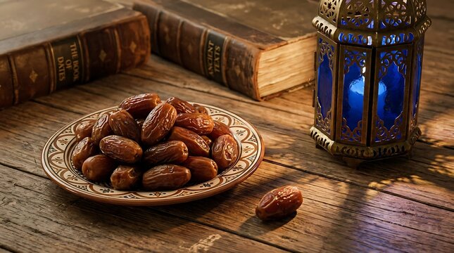 Plate of dates on a wooden table beside an ornate lantern and books with tradition celebration religion hospitality atmosphere
