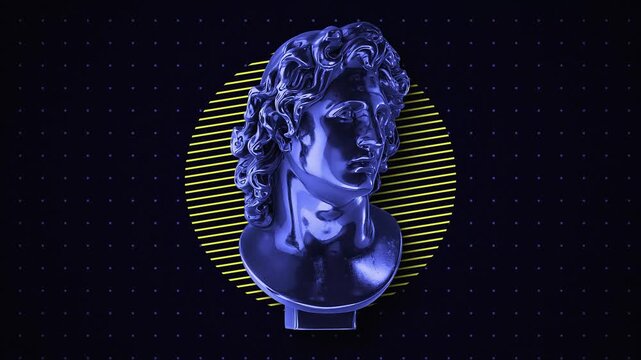 Animated background featuring a classical Greek bust with bold neon geometric shapes. Ideal for music videos, social media, and presentation backdrops.
