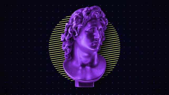 Animated background featuring a classical Greek bust with bold neon geometric shapes. Ideal for music videos, social media, and presentation backdrops.
