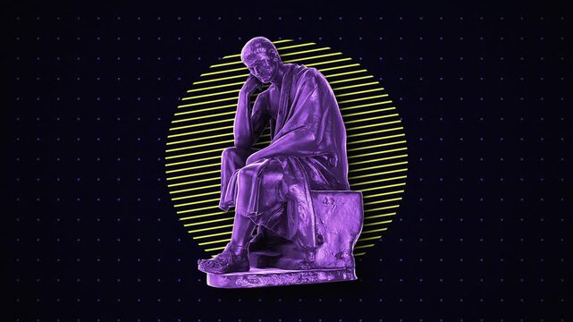 Animated background featuring a classical Greek bust with bold neon geometric shapes. Ideal for music videos, social media, and presentation backdrops.
