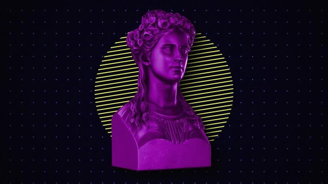 Animated background featuring a classical Greek bust with bold neon geometric shapes. Ideal for music videos, social media, and presentation backdrops.

