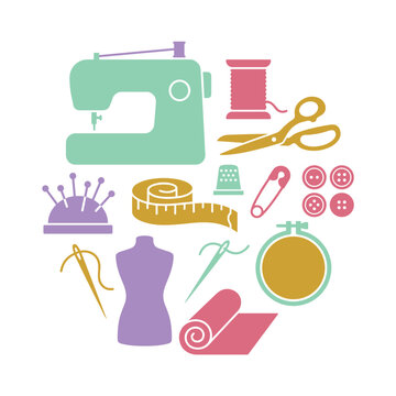Sewing kit icon set with machine and mannequin