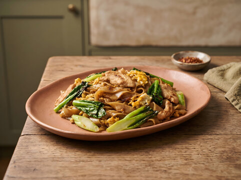 Thai Pad See Ew Stir Fried Wide Rice Noodles with Chicken and Chinese Broccoli