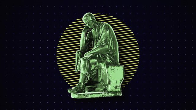Animated background featuring a classical Greek bust with bold neon geometric shapes. Ideal for music videos, social media, and presentation backdrops.
