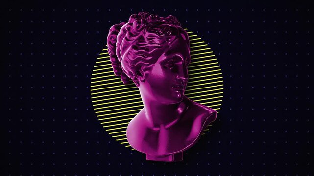 Animated background featuring a classical Greek bust with bold neon geometric shapes. Ideal for music videos, social media, and presentation backdrops.
