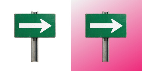 Green Road Sign, directional traffic signpost with white right arrow symbol on post © Design Helbox