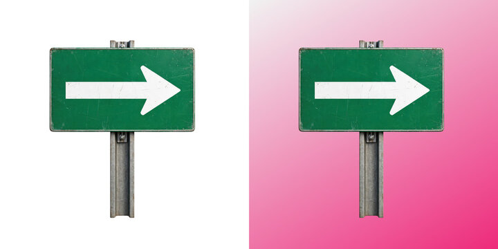 Green Road Sign, directional traffic signpost with white right arrow symbol on post