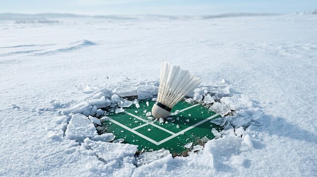 Shuttlecock buried in snow covered badminton court surface with shuttlecock partially stuck court snowy landscape outdoor recreation sporting activity equipment failure surface condition damaged