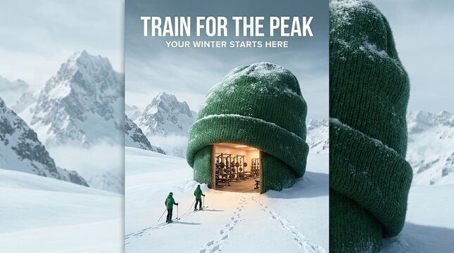 Skiers approaching oversized knitted beanie in snowy mountain landscape with Two skiers move toward giant knitted hat structure winter mountain setting winter sport gear skiing preparation textured
