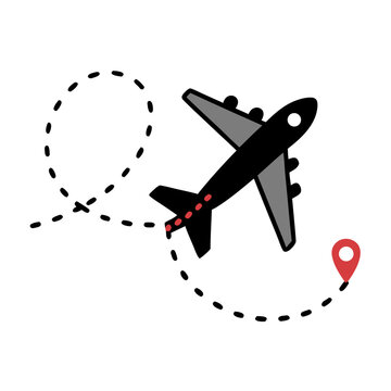 Airplane Flight Path Dashed Line Route Map Pin Silhouette Vector Icon