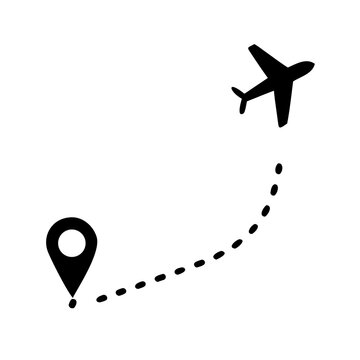 Airplane Flight Path Dashed Line Route Map Pin Silhouette Vector Icon