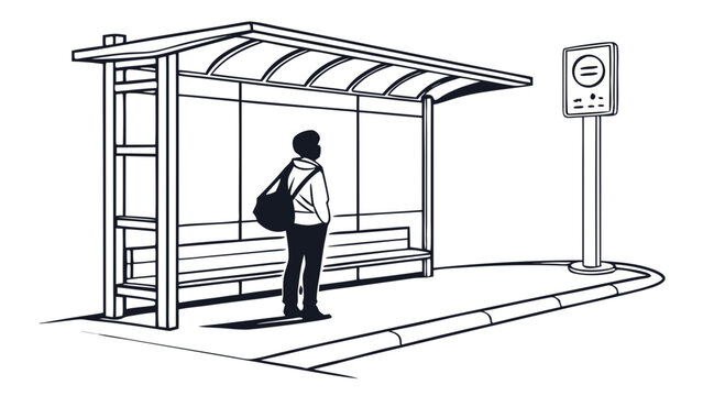 Person Waiting at Public Bus Stop Shelter Station Vector Silhouette Line Art Icon