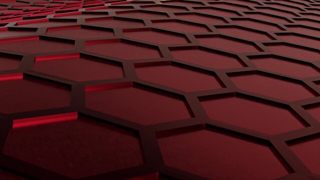 3D rendering seamless loop animation of dark red metallic hexagon geometric pattern wave background. High quality abstract futuristic sci-fi tech video element for motion design.