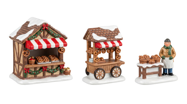 Miniature christmas market stalls and a baker figurine with pretzel for holiday village decorations isolated on a transparent background