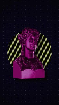 Animated background featuring a classical Greek bust with bold neon geometric shapes. Ideal for music videos, social media, and presentation backdrops.
