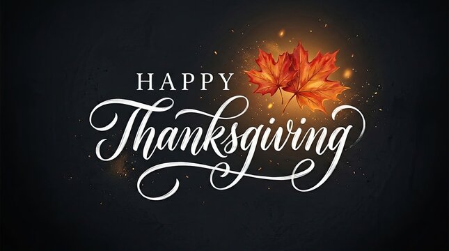 Elegant thanksgiving greeting with calligraphy text and illuminated autumn leaf design on dark background with celebrates thanksgiving glowing graphic beside against illustration celebration maple
