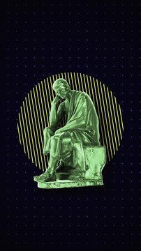 Animated background featuring a classical Greek bust with bold neon geometric shapes. Ideal for music videos, social media, and presentation backdrops.
