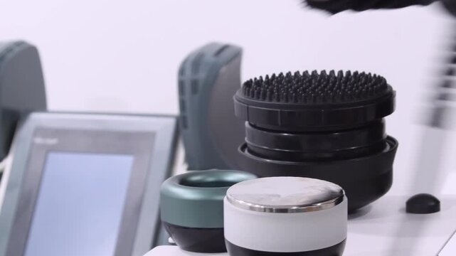 Professional body shaping therapy with vibromassage thermo vacuum and bioelectrical stimulation in beauty salon. 