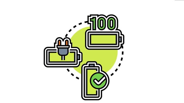 Battery charging icon displaying the process of plugging in, reaching a full 100 percent charge, and confirming completion for optimal device functionality and readiness