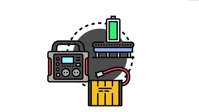 Chargeable battery cell concept showing a portable power station, an external battery pack, and a battery icon indicating energy storage and electric power charging