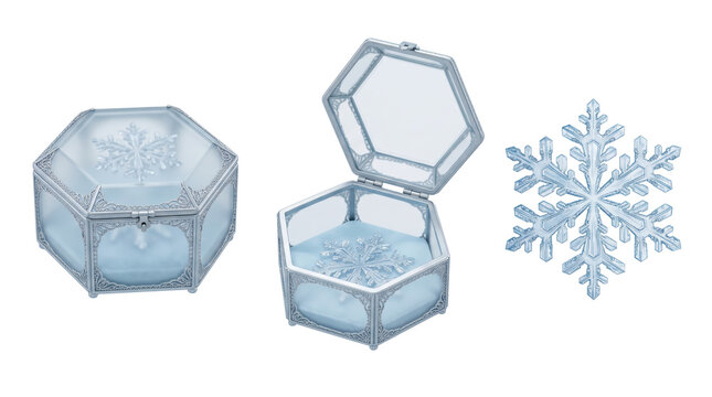 Hexagonal glass jewelry boxes with silver frames and decorative snowflake patterns and a single snowflake... isolated on a transparent background