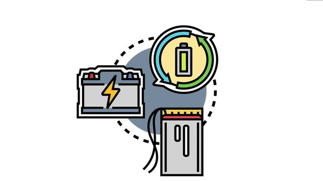 Chargeable battery cell icon displaying a cycle of energy alongside different battery types, representing various sources for power, electricity, and sustainable energy storage
