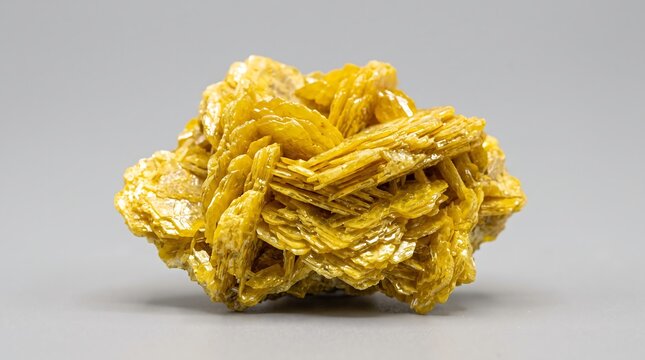Vibrant yellow wulfenite mineral cluster exhibiting distinct tabular crystal habits and brilliant luster against a gray studio backdrop