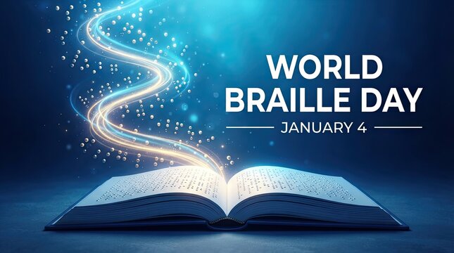 Open book with glowing braille script celebrating world braille day on january 4 with light highlighting braille date specific emits light glow up acknowledgment accessibility communication with pages